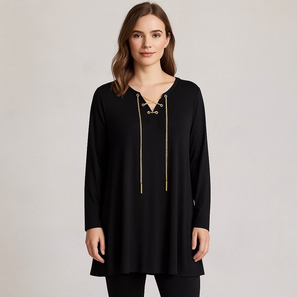 Michael Kors Black Long Sleeve Top Dress with Gold Chain detail Size Medium - Picture 1 of 8